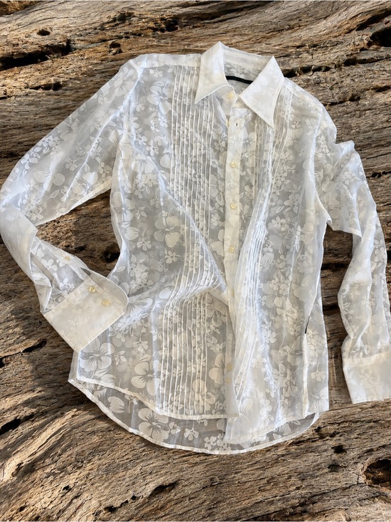Tahiti Blue Tops - Vintage Y2K Tahiti Blue White Sheer Floral Pintuck Tuxedo Blouse Top Size L